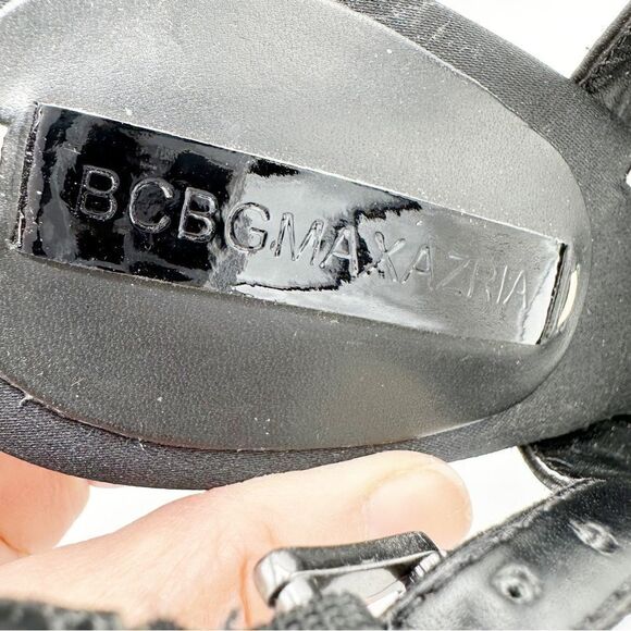 BCBGMaxAzria Black Satin Jeweled Sandals w/Mirrored Platform Cone Heel‎ Sz 8 38 - Picture 10 of 15